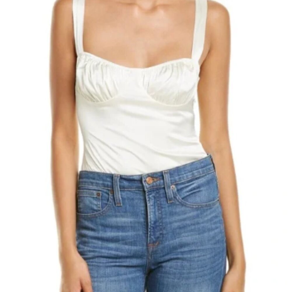 NWOT WeWoreWhat White Ruched Satin Bodysuit Size 4